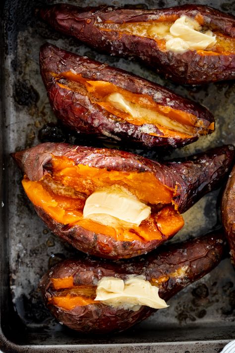 Baked Sweet Potato with Whipped Honey Butter - Simply Delicious Sweet Potato Butter, Whipped Honey Butter, Gluten Free Holiday Recipes, Sweet Potato Recipes Baked, Whipped Honey, Baked Sweet Potatoes, Healthy Thanksgiving Recipes, Sweet Potato Skins, Butter Honey