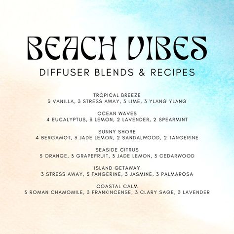 Bring the essence of the beach into your home with these blends that are sure to relax and refresh your senses! Each blend captures the unique and refreshing aromas of the seaside, from the invigorating scent of ocean waves to the calming presence of a serene shoreline. Whether you're looking to relax or energize, these blends will transport you to your favorite coastal retreat! You can also easily transform these blends into roller recipes and sprays. To make a 10mL roller from any recipe:... Scent Profiles, Essential Oil Spray, Diy Lotion, Essential Oils Cleaning, Essential Oil Diffuser Recipes, Oil Diffuser Recipes, Diy Body Scrub, Essential Oil Blends Recipes, Diffuser Recipes