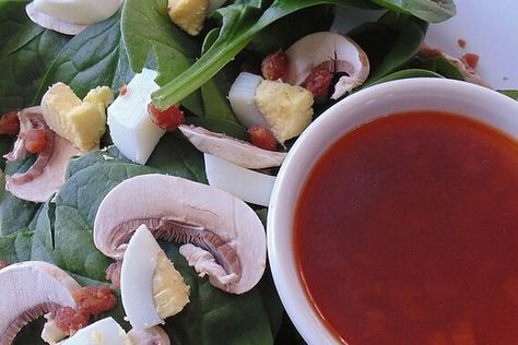 Wilted Spinach Salad and Bacon Vinaigrette Recipe | Allrecipes Wilted Spinach Salad, Spinach Salad Dressing, Bacon Vinaigrette, Hot Bacon Dressing, Salsa Salad, Red Onion Recipes, Bacon Dressing, Blt Salad, Spicy Salad