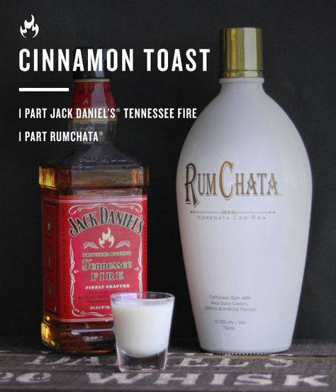 The Cinnamon Toast: Combine 1 part Jack Daniel's Tennessee Fire and 1 part RumChata. The hardest part is finding something to toast to. Jack Daniel Honey Mixed Drink, Drinks With Jack Daniels Honey, Jack Daniels Honey Drinks Recipes, Tennessee Honey Whiskey Drinks, Jack Daniels Honey Whiskey Drinks, Honey Jack Daniels Drinks Cocktails, Jack Daniels Honey Drinks, Rumchata Shots, Whiskey Woman