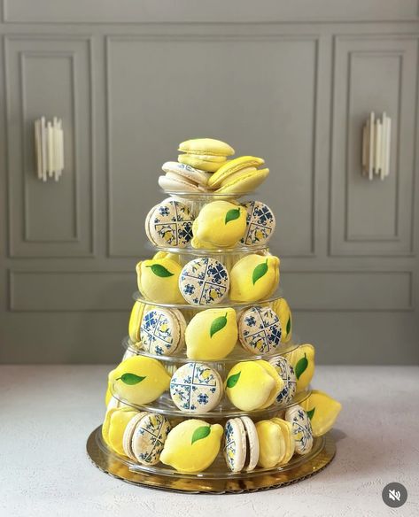 Lemon Themed Party, Lemon Macarons, Lemon Themed Bridal Shower, 17 Birthday Cake, Macaron Tower, Italian Party, Cookie Designs, May 5, Macaroons