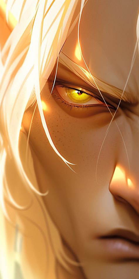 Gold Eyes Fantasy Art, Icarus Character Design, Divine Soul Sorcerer Aasimar, Aasimar Aesthetic, Aasimar Art, Aasimar Dnd, Sun Elf, Critical Role Characters, Sun King