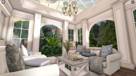 Bloxburg Coastal House Entrance, Bloxburg River Ideas, Mederteranian House Bloxburg, Coastal Grandmother Bloxburg House, Bloxburg Porch Ideas Aesthetic, Front Desk Bloxburg, Bloxburg Sorority House, Bloxburg Sunroom Ideas, Bloxburg Spring House Ideas