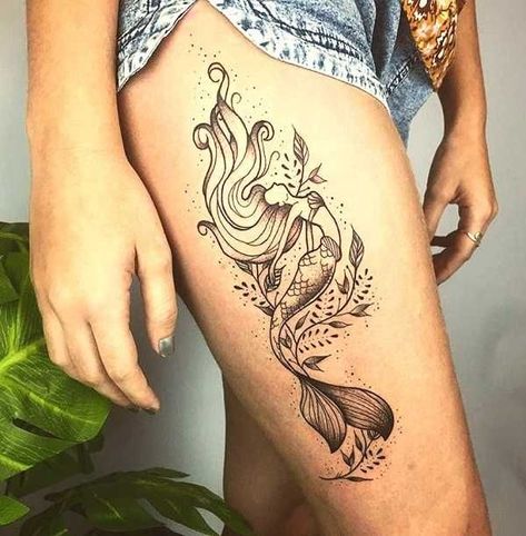 Wrap Around Mermaid Tattoo, Mermaid And Sea Turtle Tattoo, Mermaid Tattoo On Thigh, Ariel Tattoo Black And White, Thigh Mermaid Tattoo, Boho Mermaid Tattoo, Cool Mermaid Tattoos, Mermaid Tattoos Thigh, Mermaid Tattoo Ideas For Women Forearm