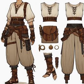 digital art style, casual warrior outfit design for a woman in dnd universe, loose pants, earthy colors, brass accessories, outfit design sheet - Image Creator from Microsoft Designer Medival Warrior Outfits, Earthy Fantasy Outfits, Medieval Woman Outfit, Fantasy Adventurer Outfit Drawing, Dnd Oc Outfit, Alchemist Outfit Design, Dnd Cosplay Ideas, Outfit Fantasy Design, Dnd Monk Outfit