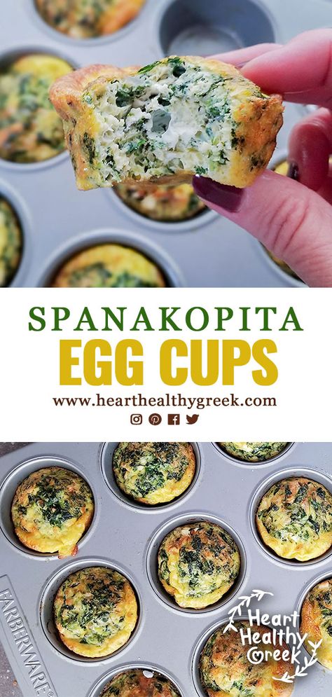 An easy and quick recipe for Greek egg muffin cups that have all of the flavors of one of our favorite foods, Spanakopita (Spinach Pie). Vegetarian and perfect for meal prep. #eggcups #eggmuffins #spanakopita #healthybreakfast Greek Egg Recipes, Spanakopita Egg Muffins, Greek Brunch Ideas, Greek Eggs, Pie Vegetarian, Healthy Greek Recipes, Food Casseroles, Egg Bakes, Heart Healthy Breakfast