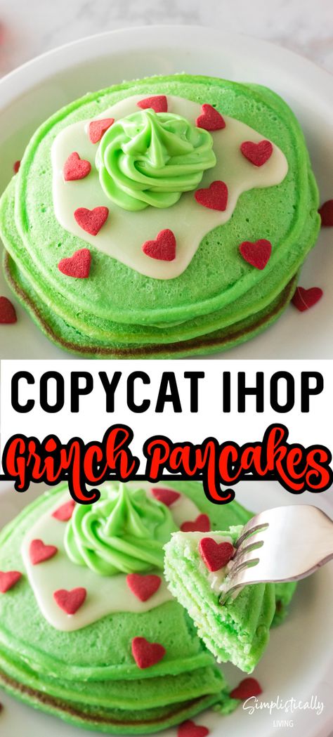 Ihop Pancake Recipe Copycat, Grinch Pancakes, I Hop Pancake Recipe, Christmas Pancakes, Green Pancakes, Whipped Cream Cheese Frosting, Grinch Christmas Party, Candy Sprinkles, Whipped Cream Cheese