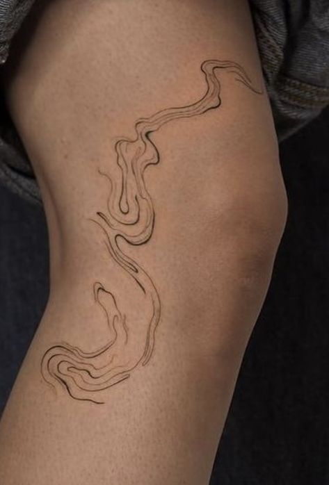 Water Fine Line Tattoo, Abstract Water Tattoo, Abstract Flow Tattoo, Swirly Tattoo, Trap Tattoos For Women, Waterfall Tattoo, Blue Ink Tattoos, River Tattoo, Bookish Tattoos