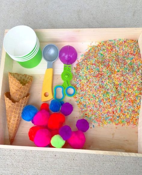 Colorful Ice Cream Sensory Bin! Ice Cream Sensory Bin, Ice Cream Sensory, Toddler Sensory Bins, Ice Cream Month, Sensory Kits, National Ice Cream Month, Sensory Motor, Colorful Ice Cream, Sensory Crafts