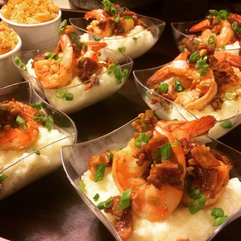 Shrimp and White Cheddar Grits #shrimp #grits #pittsburgh #catering  www.facebook.com/lyndseycatering Shrimp And Grits Wedding Reception, Shrimp And Grits Plating, Shrimp Wedding Appetizers, Shrimp And Grits In A Cup, Shrimp And Grits Presentation, Shrimp And Grits Catering, Shrimp And Grits In Martini Glasses, Shrimp And Grits Party, Shrimp And Grits Display