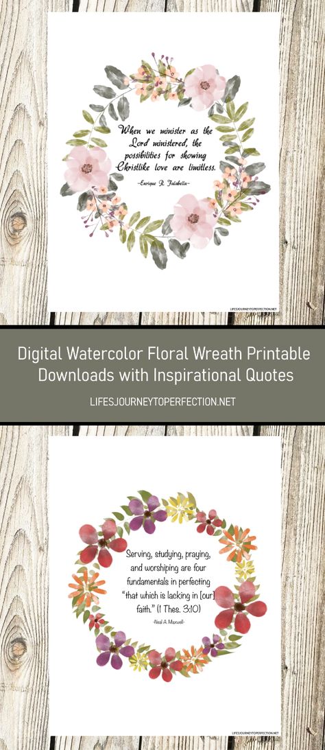 DIGITAL WATERCOLOR FLORAL WREATH PRINTABLE DOWNLOADS WITH INSPIRATIONAL QUOTES Wreath Quotes, Floral Wreath Printable, Watercolor Floral Wreath, Wreath Printable, Crafts Printable, Lds Relief Society, Ladies Group, Lds Lessons, Water Games For Kids