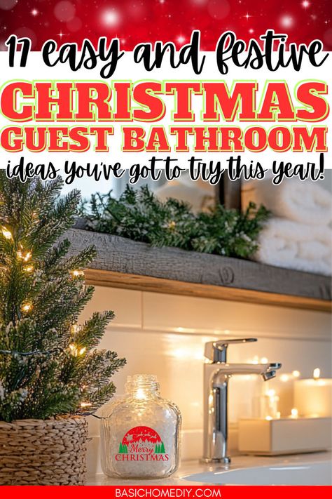 Get inspired with 17 simple Christmas guest bathroom ideas to transform your home decor. From a small bathroom to a powder room, discover farmhouse holiday decor ideas with simple festive holiday decorations. You'll love DIY Dollar Tree ideas and winter greenery. Swap out your shower curtain, add holiday bath rug, and add fun holiday bathroom signs. These relaxing and budget-friendly bathroom decorations ideas will create an inviting atmosphere, perfect for guests during the holiday season. Christmas Powder Room, Christmas Guest Bathroom, Diy Dollar Tree Ideas, Bathroom Decorations Ideas, Dollar Tree Ideas, Bathroom Christmas Decor, Guest Bathroom Ideas, Farmhouse Holiday Decor, Holiday Decor Ideas