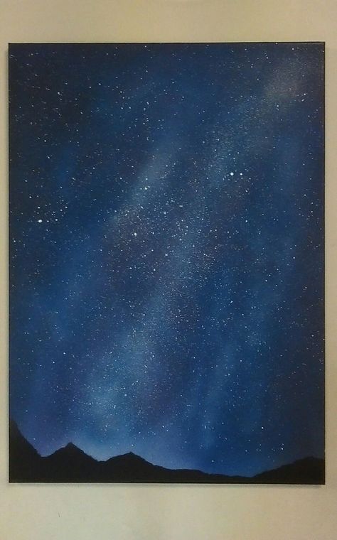 Stary Night Canvas Painting, Mountains Night Painting, Dark Sky Painting Easy, Stary Night Watercolor Painting, Stary Sky Drawing, Stary Sky Painting Acrylic, Sky Full Of Stars Painting, Dark Blue Canvas Painting, Dark Sky Painting Acrylic