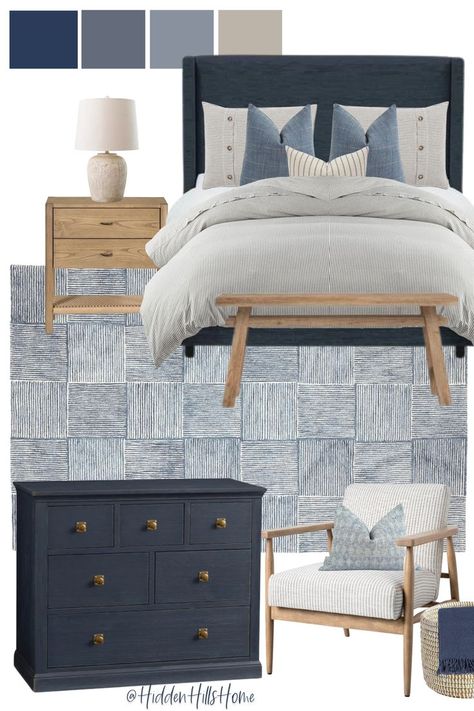 Hanson Upholstered Bed, Upholstered Bed Bedroom, Blue Upholstered Bed, Urban Kitchen Design, Baby Blue Bedrooms, Masculine Bedroom Decor, Masculine Bedroom, Big Boy Bedrooms, Blue Bedroom Decor