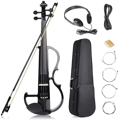 Amazon.com: Vangoa - Black Full Size 4/4 Vintage Solid Wood Metallic Electronic Silent Mahogany Violin with Ebony Fittings, Carrying Case, Audio Cable, Rosin, Bow: Musical Instruments Black Violin, Electronic Music Instruments, Violin Art, Kitchen Box, Electric Violin, Music Meditation, Ukelele, Audio Cable, Black Metallic