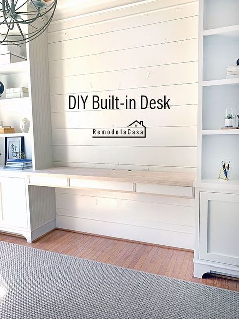 DIY - Built-in Desk - Remodelando la Casa Built In Office Desk And Cabinets Diy, Diy Built In With Desk, Playroom Built Ins With Desk, Diy Desk Built In, Built In Desk And Shelves Bedroom, Desk Built In, Kids Built In Desk, Diy Built In Desk With Cabinets, Built In Study Desk