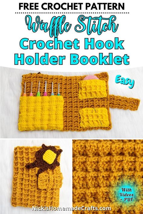 Learn how to Crochet a Waffle Crochet Hook Holder with Butter, syrup and notions pockets. The free crochet pattern includes 3 videos, ideal even for crochet beginners. #crochet #crochetwaffle #crochethookholder #nickishomemadecrafts #freecrochetpattern Crochet Hook Holder Pattern, Crochet Stocking Pattern Free, Crochet Pouf Pattern, Waffle Crochet, Easy Diy Crochet, Diy Crochet Hook, Butter Syrup, Crochet Hook Roll, Crochet Beginners