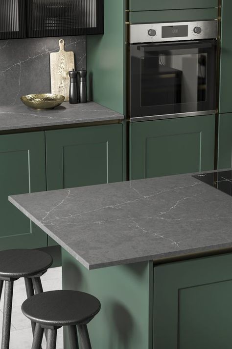 10 Best Gray Kitchen Countertops Grey Worktop Kitchen, Grey Kitchen Countertops, Green Kitchen Cupboards, Gray Kitchen Countertops, Dark Grey Kitchen Cabinets, Tile Countertops Kitchen, Quartz Worktop, Black Kitchen Countertops, Dark Green Kitchen