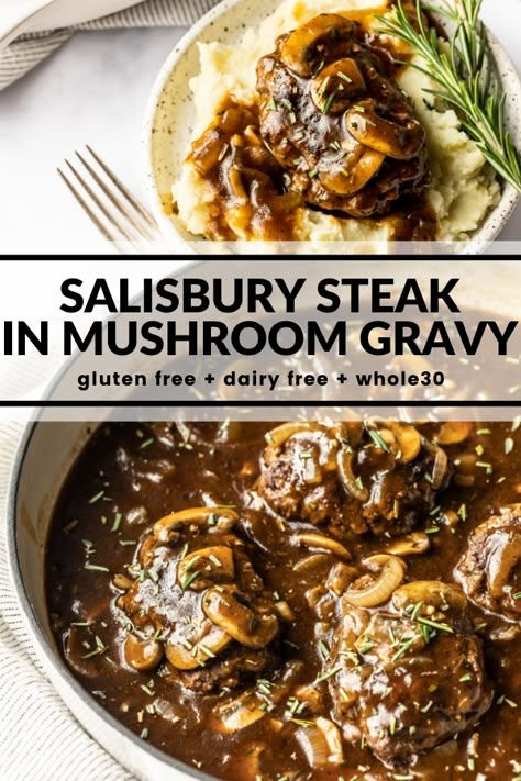 This Salisbury Steak in Mushroom Gravy is the kind of comfort food you need in your life. It's incredibly easy to make and that gravy is lick your plate good. Plus it's dairy free, gluten free, and Whole30 compliant. Mushroom Steak, Steak Gravy, Gluten Free Dairy Free Dinner, Keto Turkey, Dairy Free Meals, Dairy Free Recipes Dinner, Gluten Free Dinners, Salisbury Steak Recipes, Dairy Free Dinner