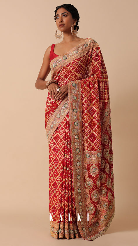 Transform your festive wardrobe with our exquisite Banarasi Khaddi Saree, a perfect blend of tradition and glamour. Crafted with intricate Bandhani weave and adorned with floral Zari cutdana work, this Georgette saree in captivating red is tailored for festive occasions. The Khaddi detailing adds a touch of sophistication, making it a timeless choice for women aged 30 to 50. The pack includes one saree and one unstitched blouse fabric, allowing you to customize your ensemble effortlessly. Rani Pink Saree, Ikat Embroidery, Desi Wedding Dresses, Rani Pink, Indian Outfits Lehenga, Straight From The Heart, White Saree, Saree Designs Party Wear, Bandhani Saree