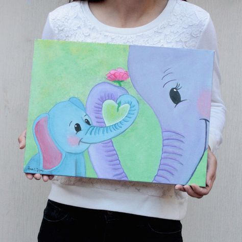 Elephant Wall Art Nursery, Elephant Nursery Art, Original Canvas Painting, Elephant Canvas, Baby Painting, Cute Canvas Paintings, Kids Canvas, Elephant Painting, Cute Paintings