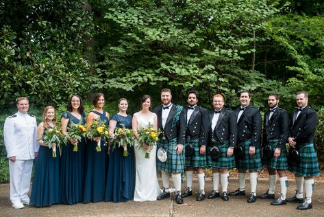 Scottish Themed Wedding with Burgundy, Navy, and Copper | Bridal Party with Navy Tartan Kilts #MariaGracePhotography #ScottishWedding #NavyWedding #FallWedding Scottish Wedding Party, Tartan Bridesmaid Dress, Scottish Wedding Bridesmaids, Scottish Themed Wedding, Kilt Wedding Party, Wedding Dress With Tartan, Navy Kilt Wedding, Campbell Tartan Wedding, Blue Kilt Wedding