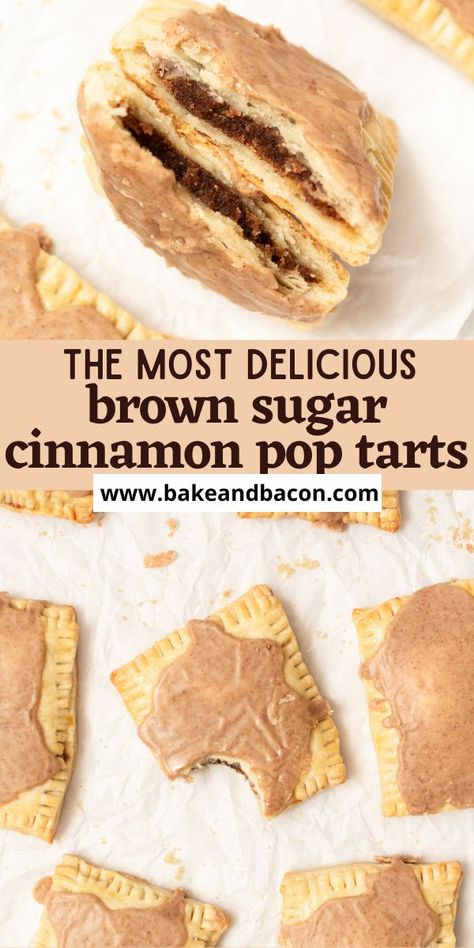 These flaky, buttery pop tarts are full of a homemade brown sugar cinnamon filling. They are topped with a brown sugar glaze and so delicious. They are made from scratch. Brown Sugar Cinnamon Poptarts, Brown Sugar Cinnamon Pop Tarts, Brown Sugar Homemade, Cinnamon Pop Tarts, Brown Sugar Pop Tarts, Bake Bacon, Homemade Brown Sugar, Breakfast Dessert Recipes, Poptart Recipe