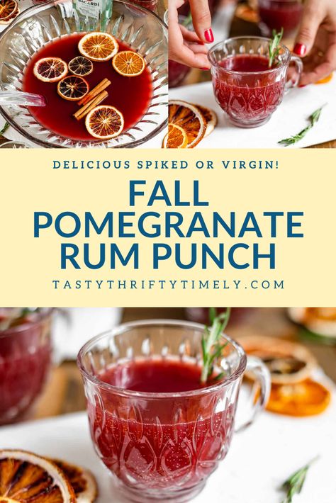 Fall POMEGRANATE RUM PUNCH with BLOOD ORANGE JUICE 🩸🍊 for a Halloween touch 👻! This festive pomegranate rum punch is perfect for fall & holiday gatherings. EASY to prepare & delicious virgin or spiked! #tastythriftytimely #vegan #punchrecipe #punchdrink #rumpunch #pomegranatejuice #cranberryjuice #bloodorange #perrier #rumcocktail #cocktailrecipes #holidaydrinks #halloweendrinkrecipe #halloween Pomegranate Halloween Cocktail, Fall Cocktails Punch, Easy Red Punch Recipe, Pomegranate Rum Punch, Pomegranate Rum Cocktail, Fall Pomegranate Cocktail, Pomegranate Punch Alcohol, Fall Rum Punch Recipes, Mocktail Punch Bowl