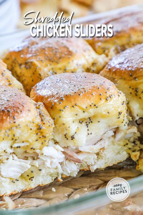 Shredded Chicken Sliders are an easy, crowd-pleasing meal or appetizer. They're made with soft and sweet Hawaiian rolls layered with juicy shreds of chicken, melty provolone, and a honey mustard glaze. Rotisserie Chicken Sliders, Chicken Sliders Recipes, Shredded Chicken Sliders, Healthy Sliders, Easy Chicken Sliders, Grad Food, Sliders Recipes Hawaiian Rolls, Sliders Easy, Perfect Baked Chicken