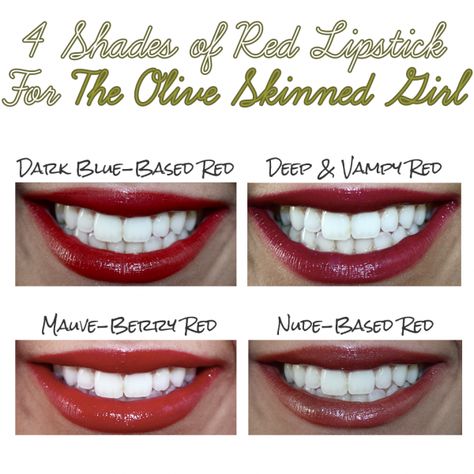 4 Shades of Red Lipstick For The Olive Skinned Girl Shades Of Red Lipstick, Olive Skin Lipstick, Red Lipstick Shades, Blue Lipstick, Olive Skin Tone, Curated Closet, Skin Color Palette, Olive Skin, Lips Shades