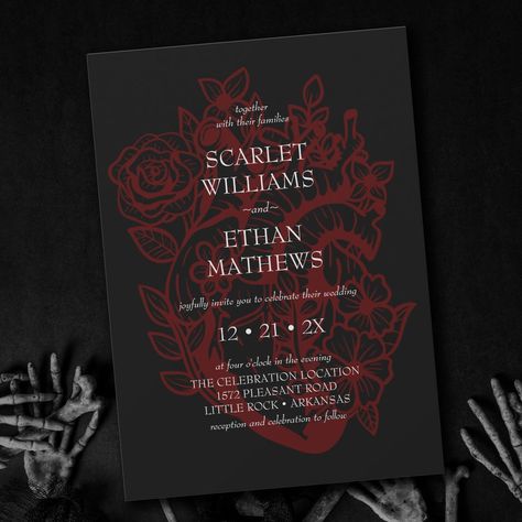 Gothic Elegant Red & Black Floral Heart Wedding In Invitation Black And Red Wedding Invites, Black Red Silver Wedding, Black And Wine Red Wedding, Black And Red Wedding Theme Decor, Red And Black Theme Wedding, Black And Red Themed Wedding, Gothic Wedding Color Schemes, Dark Red And Black Wedding, Vampiric Wedding