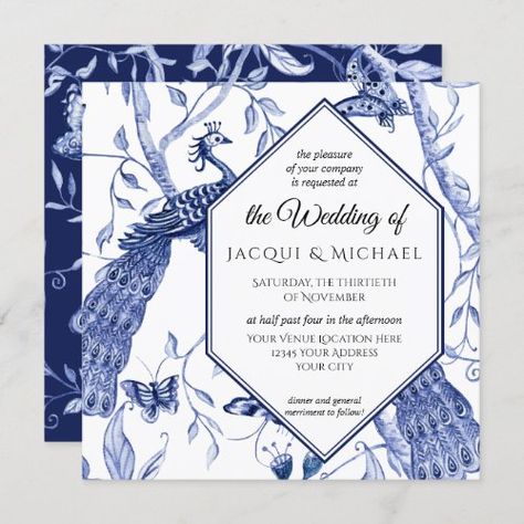 $2.70 | Chinoiserie Navy Blue Peacock Butterfly Hexagon #asian influence blue white floral, chinese blue and white, hand painted acrylic watercolor artwork, foliage leaf leaves, chinoiserie floral chintz, vintage peacocks, antique butterfly butterflies, hexagonal text frame, navy winter wedding, china blue white wedding theme Butterfly Wedding Invitations, Chinoiserie Wedding, Peacock Wedding Invitations, Navy Invitation, Blue White Weddings, Butterfly Invitations, Willow Trees, Foliage Leaves, Chinoiserie Design