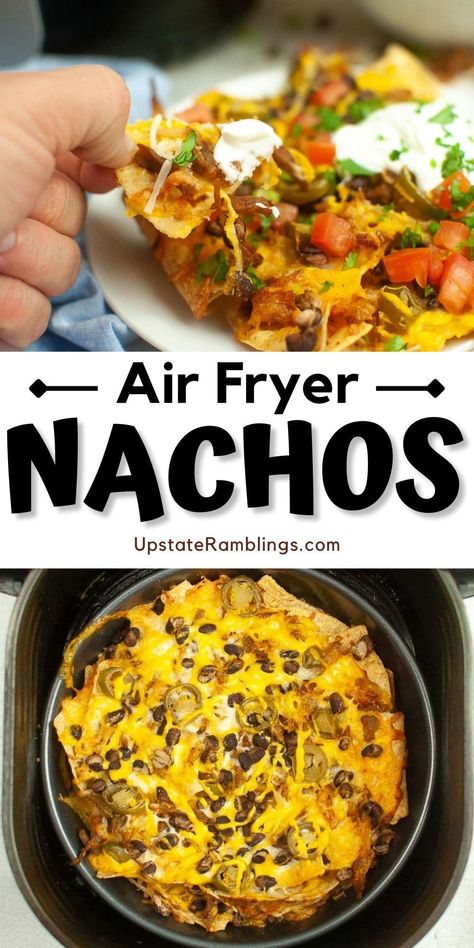 These loaded Air Fryer Nachos have layers of crispy tortilla chips, juicy pulled pork, black beans, gooey cheese, and all your favorite toppings like fresh tomatoes and sour cream. Air Fryer Nachos, Food Dump, Nachos Ingredients, Vegetarian Nachos, Homemade French Fries, Loaded Nachos, Mozzarella Recipes, Christmas China, Nachos Recipe