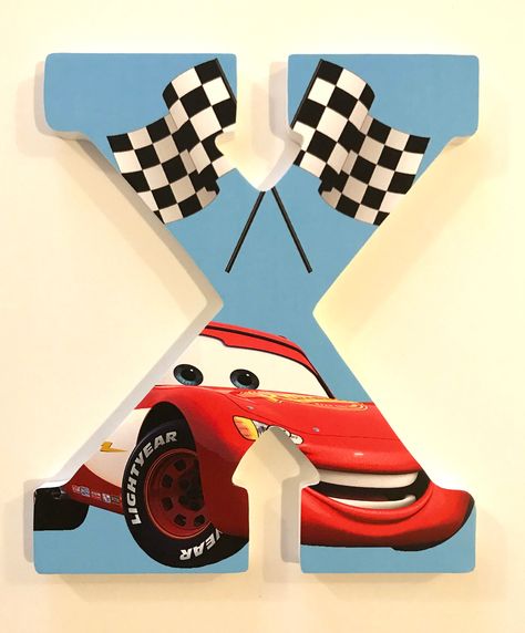 Wooden Letter Painting Ideas, Racecar Birthday Party, Letter Painting, Bedroom Birthday, Name Wall Decor, Birthday Gift Photo, Cars Characters, Party Wall, Wooden Letter