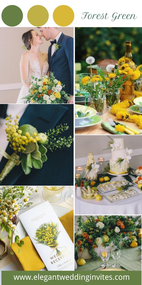 creative forest green wedding ideas with a yellow hue Green And Yellow Themed Wedding, Green And Yellow Fall Wedding, Olive Green And Yellow Wedding, Green And Yellow Wedding Colors, Dark Green And Pale Yellow Wedding, Yellow Green And White Wedding Decor, Wedding Colora, Yellow White Green Wedding Flowers, Wedding Color Schemes Green