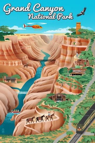 size: 18x12in Art Print: Grand Canyon National Park, Arizona - Retro View - Lantern Press Artwork by Lantern Press : Wood Postcard, Large Framed Prints, Grand Canyon National Park, The Grand Canyon, Teacher Stuff, Travel Posters, Print Images, Vintage Posters, Grand Canyon