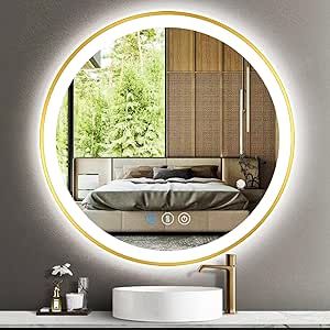 THEKLA 30 inch Gold Bathroom Round LED Mirror with Gold Frame Round Lighted Mirror for Bathroom Wall Round Vanity Mirror with Lights 3 Color Dimmable AntiFog 30 Smart Gold Round Circle Light up Mirror Bathroom Mirror Circle, Round Vanity Mirror With Lights, Lighted Mirrors For Bathrooms, Mirror With Gold Frame, Back Panel Design, Round Led Mirror, Round Vanity Mirror, Bathroom Mirror With Lights, Bathroom Led Mirror