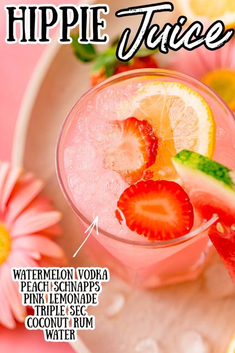 Hippie Juice uses watermelon vodka, triple sec, coconut rum, and peach schnapps to make a strong, incredibly smooth, sweet, and fruity drink! via @sugarandsoulco Hippie Juice Recipe, Fruity Vodka Drinks, Watermelon Vodka Drinks, Sweet Alcoholic Drinks, Hippie Juice, Fruity Mixed Drinks, Fruity Alcohol Drinks, Alcoholic Punch Recipes, Strong Drinks