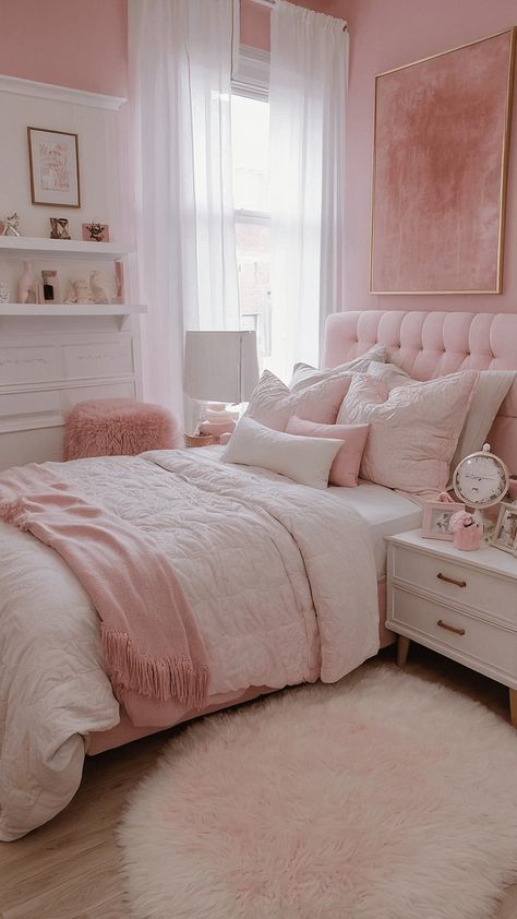 Bedroom Pink Decor, Room Inspo With Pink Walls, Room Inspiration White And Pink, Pink Room Design Ideas, Room Ideas For Small Rooms Pink, Bedroom Inspirations Pink And White, Bedroom Ideas For Small Rooms Pink, Girls Pink Room Ideas, Cute Room Inspo Pink