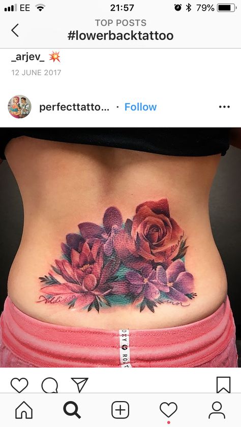 Flower Lower Back Tattoo Cover Up, Lower Back Flower Tattoos For Women, Low Back Cover Up Tattoo For Women, Lower Back Cover Up Tattoos, Lower Back Tattoo Cover Up Ideas, Lower Back Cover Up Tattoos For Women, Tattoos Under Buttcheeks, Flower Cover Up Tattoos, Colorful Flower Tattoo