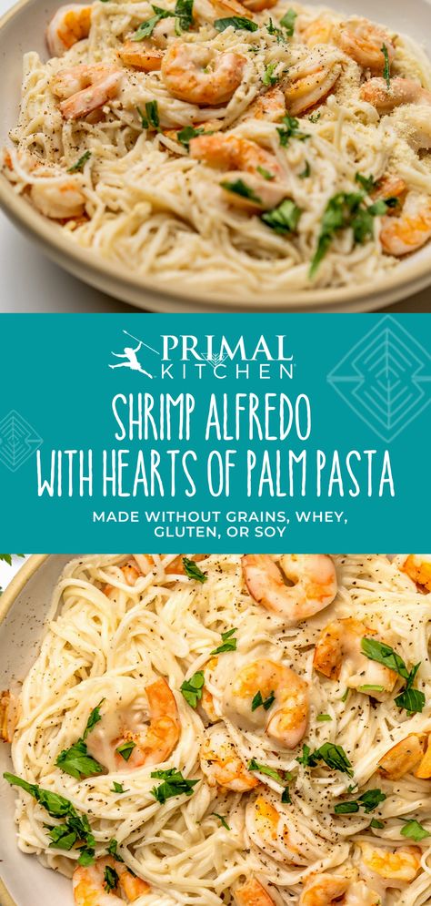 Primal Kitchen Alfredo Recipe, Primal Kitchen Alfredo Sauce Recipes, Hearts Of Palm Angel Hair Pasta Recipes, Palmini Angel Hair Recipes, Hearts Of Palm Noodles Recipes, Hearts Of Palm Recipes Pasta, Pasta No Dairy, Heart Of Palm Pasta, Palmini Recipes