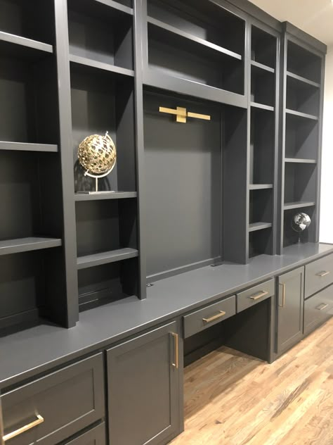 We transformed our home office with this custom designed floor to ceiling built in cabinet. Includes file storage, hideaway printer drawer, and modern gold accent light. Built In Bookcases, Home Office Built Ins, Office Built Ins, Home Office Cabinets, Built In Cabinet, Office Remodel, Home Library Design, Cabinetry Design, Home Office Storage