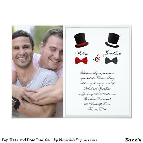 Top Hats and Bow Ties Gay Wedding Engagement Invitation   #EngagementInvitations #EngagementInvites #WeddingEngagementInvitations #EngagementPartyInvitation #BeautifulEngagementInvitations #WeddingIdeas #WeddingEngagementCards #WeddingPlanning Gay Wedding Ideas Decor, Gay Wedding Ideas, Gay Wedding Invitations, Elegant Engagement Party, Engagement Card, Bride Bachelorette, Engagement Party Decorations, Top Hats, Engagement Invitations