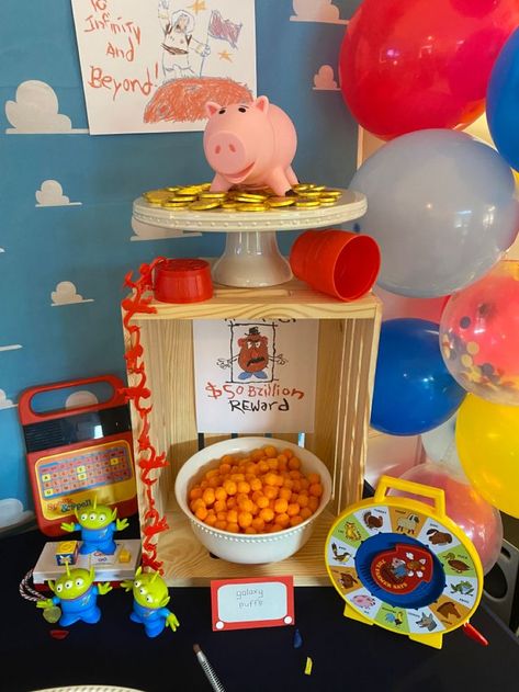 Toy Story Cake Table Decor, Toy Story Birthday Table Ideas, Toy Story Snack Table, Toy Story Birthday Snacks, Toy Story Table Set Up, Toy Story Candy Table, Reach Four The Sky Toy Story Party, Toy Story Snack Ideas, Toy Story Table Decorations