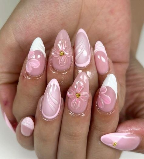 Pink Floral Nails, Rave Nails, Gel X Nails, X Nails, Beachy Nails, Spring Acrylic Nails, Formal Nails, Fancy Nails Designs, Floral Nail