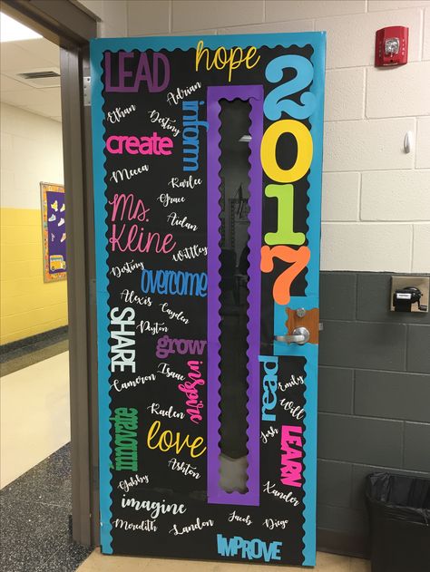 Classroom door. Words cut out of card stock paper using Cricut machine. Neon Door Decorations Classroom, Principal Office Door Decorating Ideas, Senior Classroom Decor Ideas, Classroom Door Ideas Middle School, Senior Door Decorations Ideas, Middle School Classroom Door, Class Door Decoration Ideas High School, Classroom Door Cover, High School Door