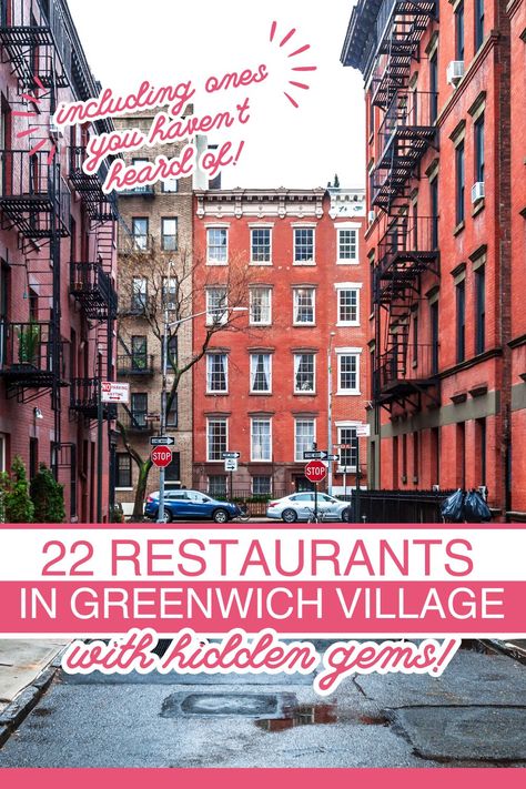 A photo of Greenwich Village in NYC, showing the older buildings and restaurant at the end of the street. Best Restaurants In Greenwich Village, West Village Restaurants Nyc, New York Greenwich Village, Greenwich Nyc, Balthazar Nyc, Greenwich Restaurants, Nyc Thanksgiving, Nyc Trip Planning, Restaurants Nyc