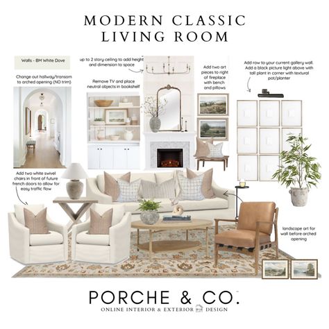 E-Design Client Feature :: Modern Classic Living Room - 2D Vision Board Package :: Porche & Co. — Porche & Co. Transom Windows Interior, Board Design Ideas, Living Room Mood Board, Windows Interior, Classic Living Room Design, Dreamy Living Room, Modern Classic Living Room, Room Mood Board, Modern Classic Home