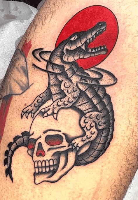 Crocodile Tattoo Design Images (Crocodile Ink Design Ideas) American Traditional Gator Tattoo, Gator Skull Tattoo, Japanese Crocodile Tattoo, Crocodile Skull Tattoo, American Traditional Alligator Tattoo, American Traditional Alligator, Traditional Crocodile Tattoo, Traditional Alligator Tattoo, Crocodile Tattoo Design