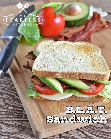 B.L.A.T. Sandwich from My Fearless Kitchen. Make your childhood favorite BLT sandwich into this grown-up B.L.A.T. sandwich! It's springy, it's fun, and it's yummy! Blt Sandwich, Picnic Lunches, B L, Grown Up, Alarm Clock, Sandwiches, Tacos, Clock, Bread